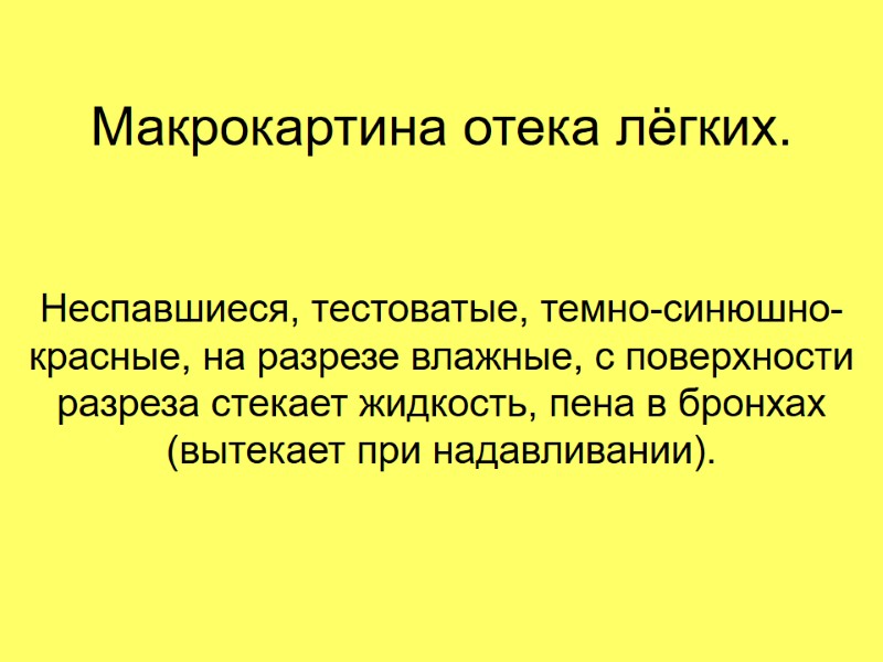 Макрокартина отека лёгких. Неспавшиеся, тестоватые, темно-синюшно-красные, на разрезе влажные, с поверхности разреза стекает жидкость,